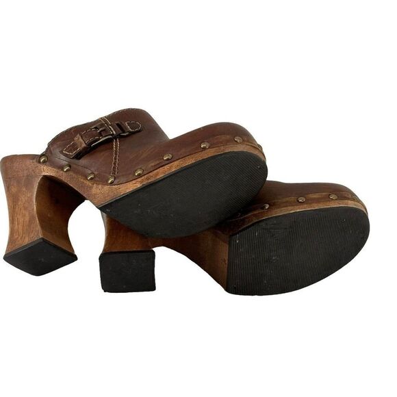 MIA Wooden Clogs Mules Y2K Brown Distressed Leather Womens US Size 7 Chunky Heel - Picture 12 of 14